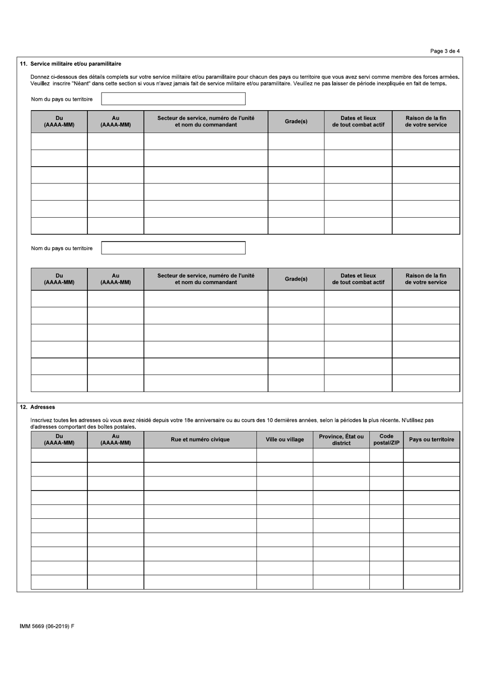 Forme IMM5669 Supplement A Antecedents / Declaration - Canada (French), Page 3