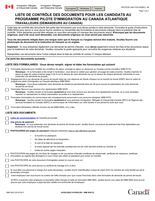 Forme IMM5652 Liste De Controle DES Documents Pour Les Candidats Au Programme Pilote D'immigration Au Canada Atlantique Travailleurs (Demandeurs Au Canada) - Canada (French)