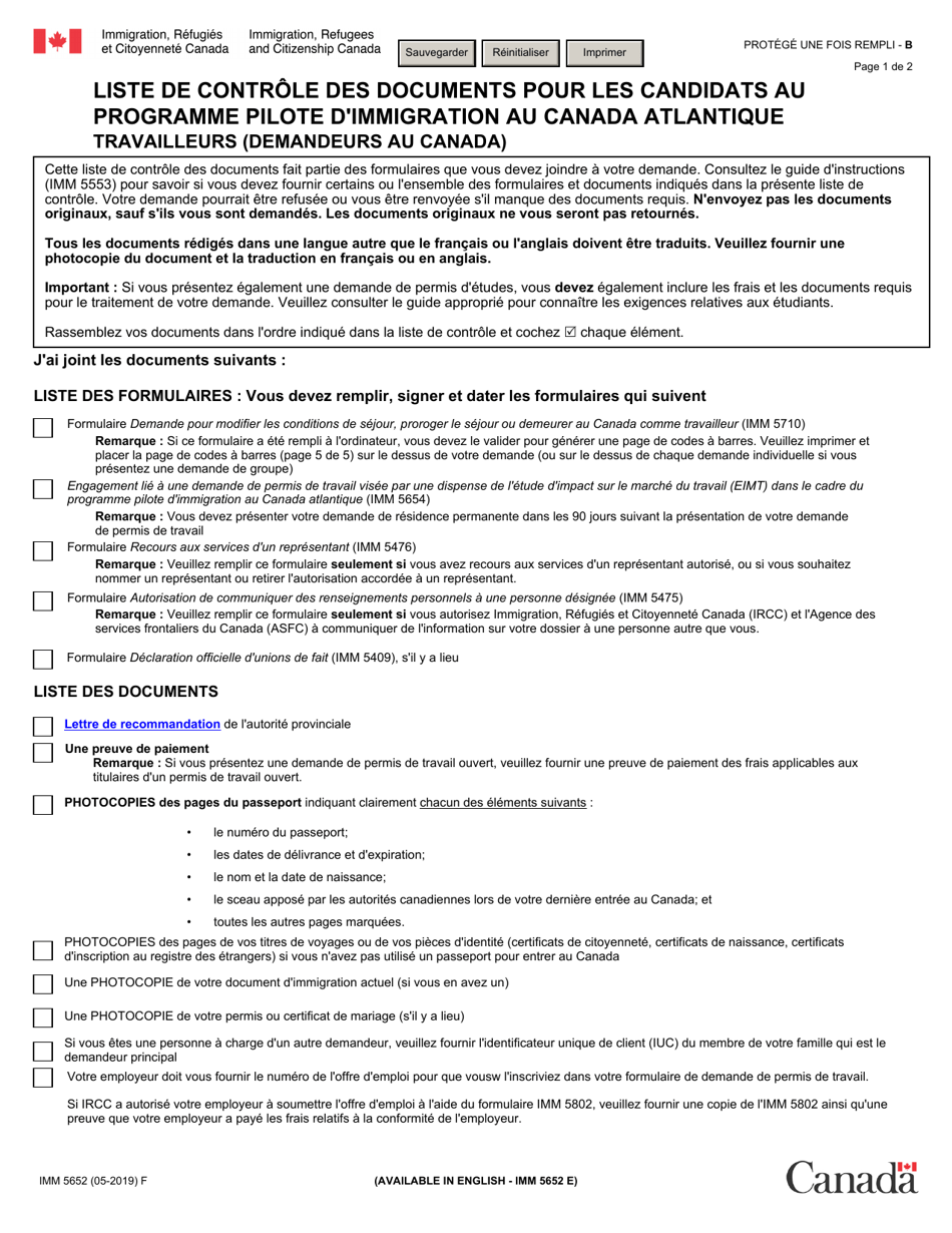 Forme IMM5652 Liste De Controle DES Documents Pour Les Candidats Au Programme Pilote Dimmigration Au Canada Atlantique Travailleurs (Demandeurs Au Canada) - Canada (French), Page 1