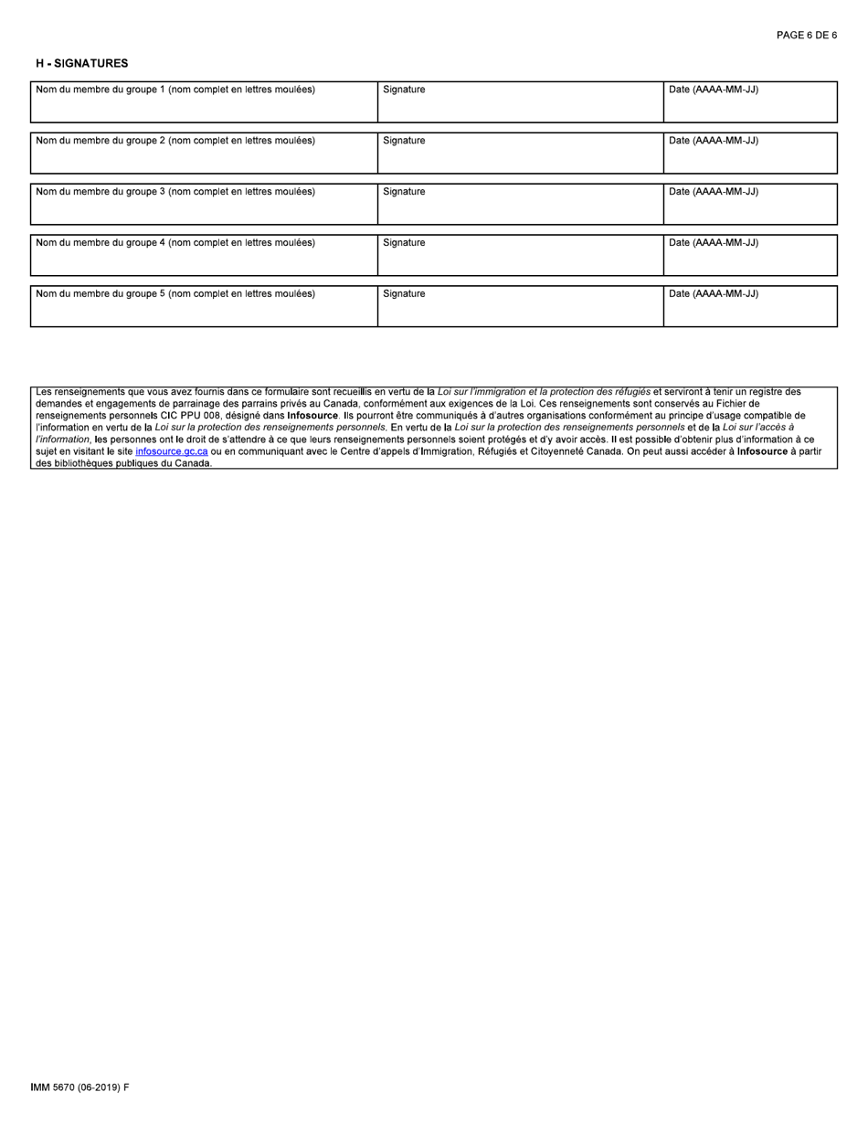 Forme IMM5670 Engagement De Parrainage Et Plan Detablissement - Groupes De Cinq - Canada (French), Page 6