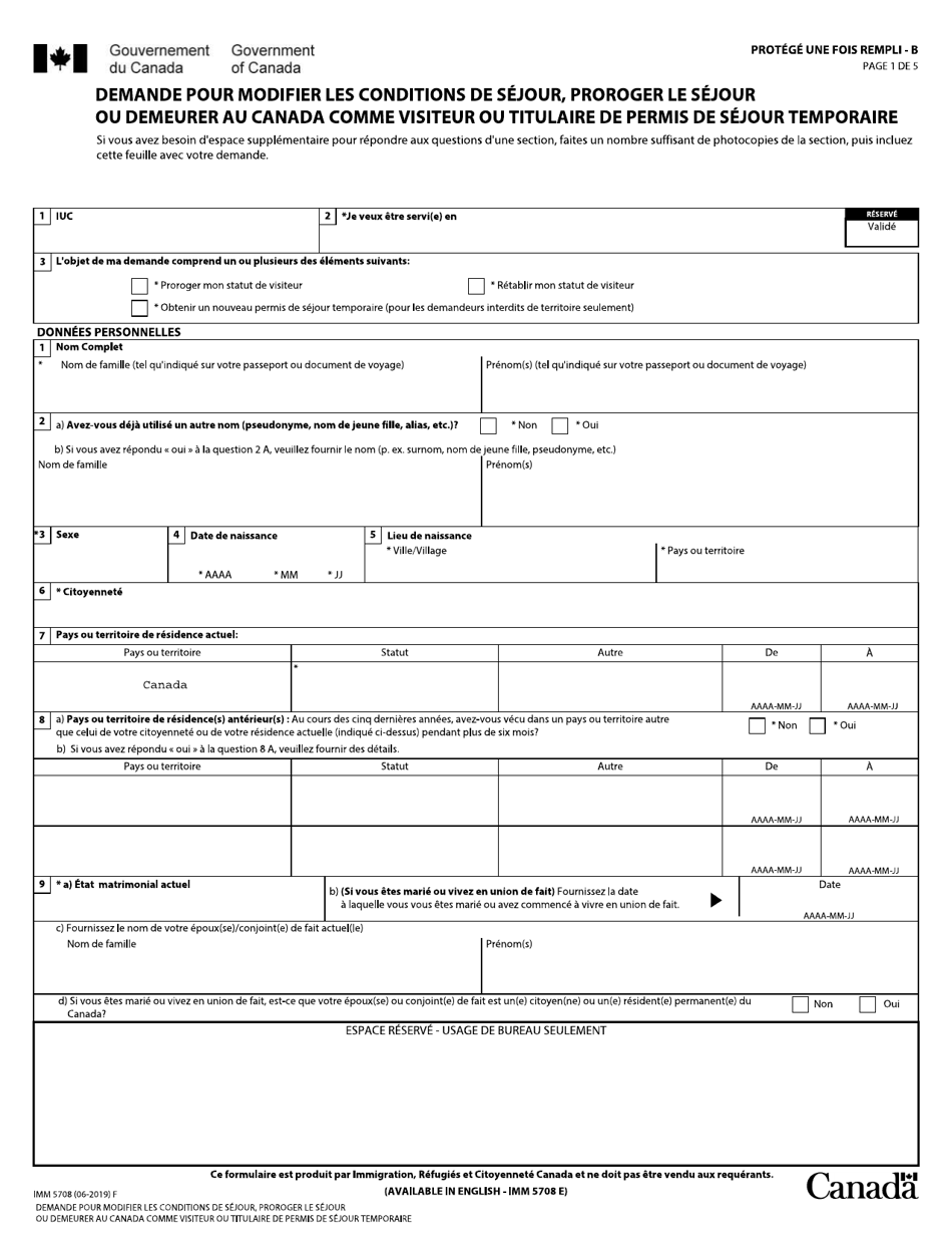 Forme Imm5708 Download Fillable Pdf Or Fill Online Demande Pour Modifier Les Conditions De Sejour Proroger Le Sejour Ou Demeurer Au Canada Comme Visiteur Ou Titulaire De Permis De Sejour Temporaire Canada