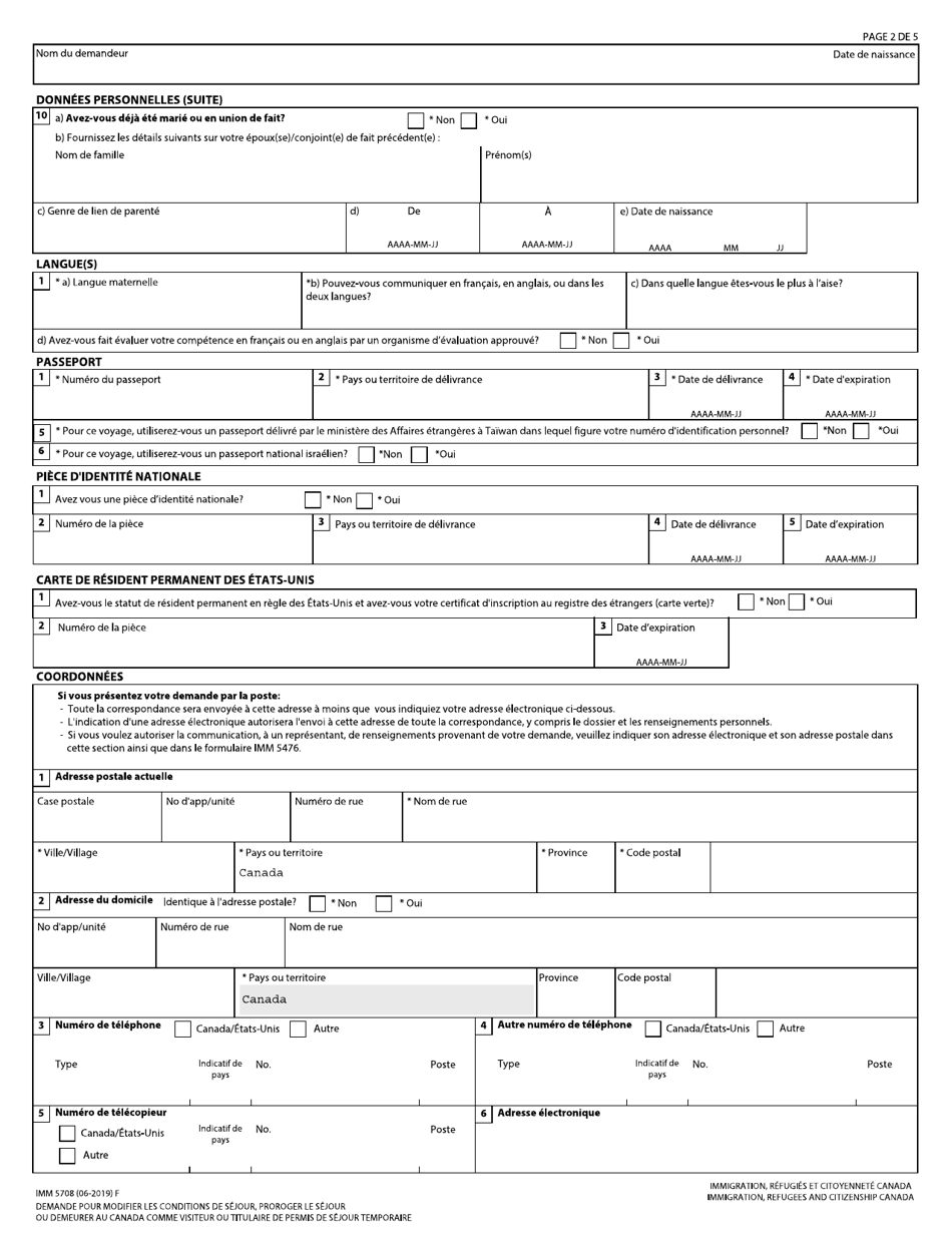 Forme IMM5708 Demande Pour Modifier Les Conditions De Sejour, Proroger Le Sejour Ou Demeurer Au Canada Comme Visiteur Ou Titulaire De Permis De Sejour Temporaire - Canada (French), Page 2