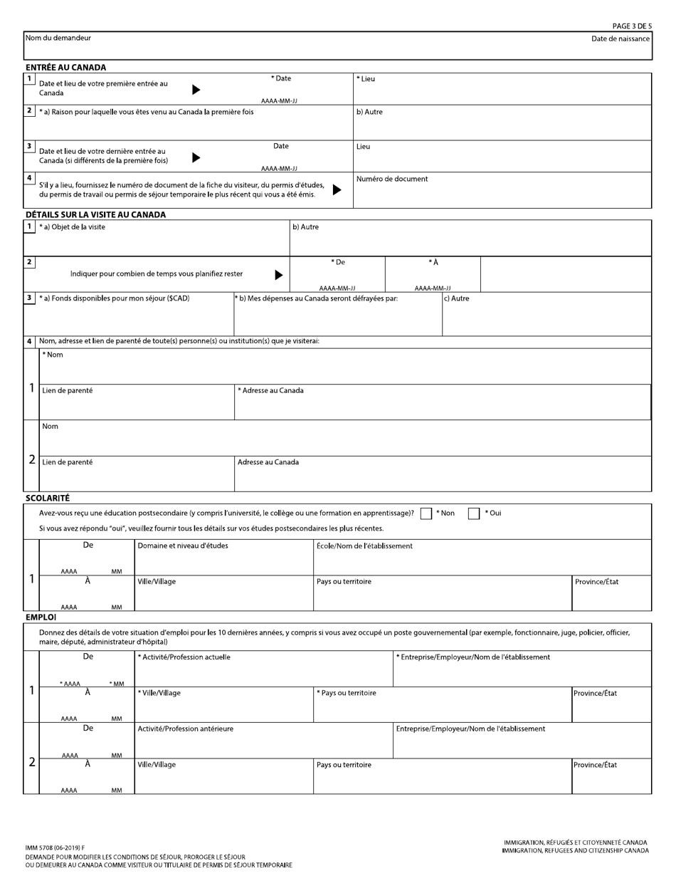 Forme IMM5708 Demande Pour Modifier Les Conditions De Sejour, Proroger Le Sejour Ou Demeurer Au Canada Comme Visiteur Ou Titulaire De Permis De Sejour Temporaire - Canada (French), Page 3