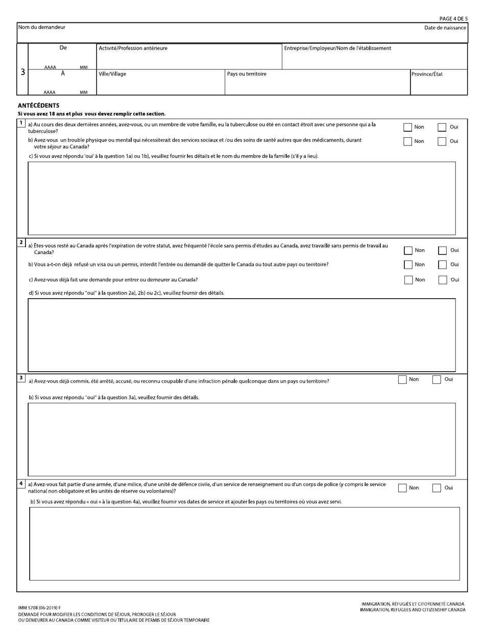 Forme IMM5708 Demande Pour Modifier Les Conditions De Sejour, Proroger Le Sejour Ou Demeurer Au Canada Comme Visiteur Ou Titulaire De Permis De Sejour Temporaire - Canada (French), Page 4