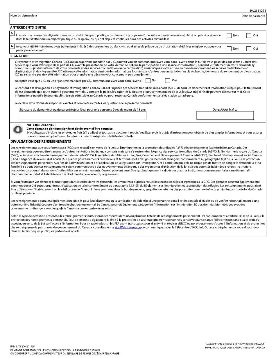 Forme IMM5708 Demande Pour Modifier Les Conditions De Sejour, Proroger Le Sejour Ou Demeurer Au Canada Comme Visiteur Ou Titulaire De Permis De Sejour Temporaire - Canada (French), Page 5