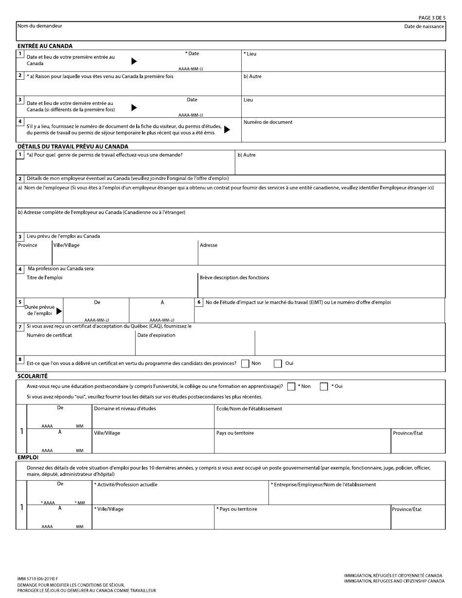 Forme IMM5710 Demande Pour Modifier Les Conditions De Sejour, Proroger Le Sejour Ou Demeurer Au Canada Comme Travailleur - Canada (French), Page 3