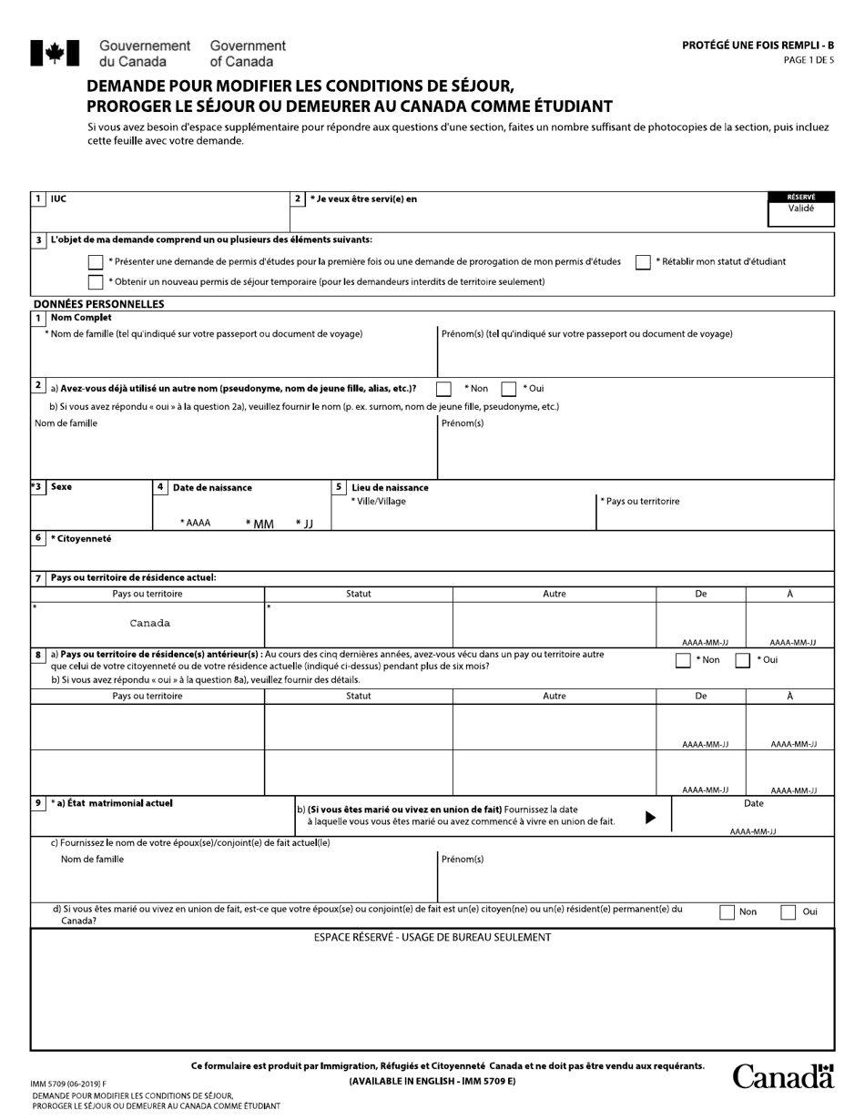 Forme Imm5709 Download Fillable Pdf Or Fill Online Demande Pour Modifier Les Conditions De Sejour Proroger Le Sejour Ou Demeurer Au Canada Comme Etudiant Canada French Templateroller