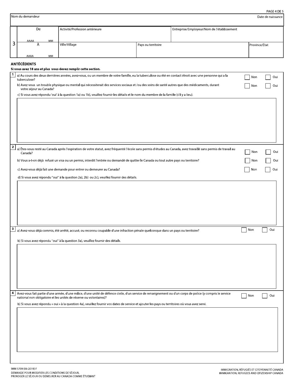 Forme IMM5709 Demande Pour Modifier Les Conditions De Sejour, Proroger Le Sejour Ou Demeurer Au Canada Comme Etudiant - Canada (French), Page 4