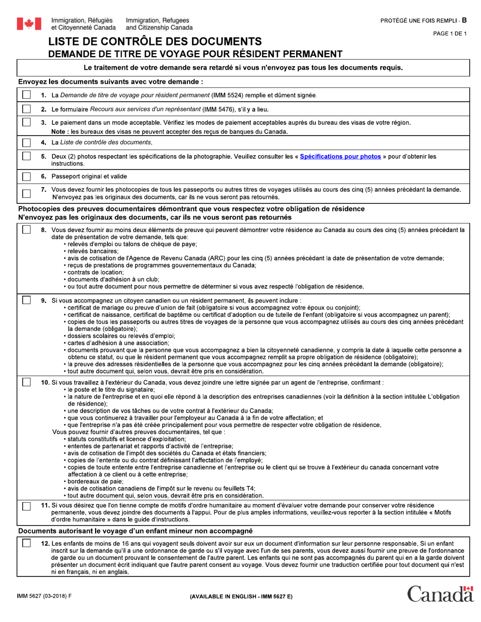 Forme IMM5627 Liste De Controle DES Documents - Demande De Titre De Voyage Pour Resident Permanent - Canada (French), Page 1