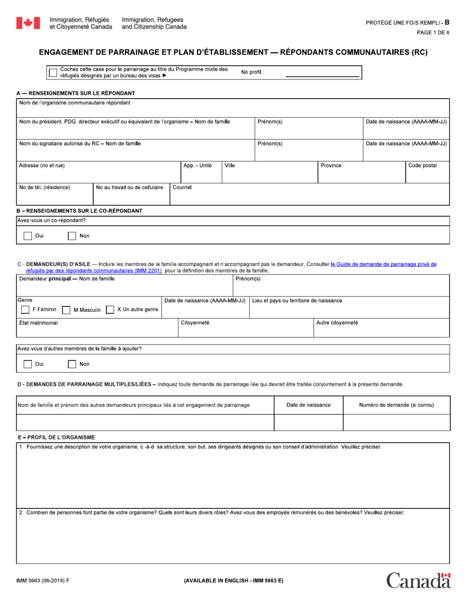 Forme IMM5663 Engagement De Parrainage Et Plan Detablissement - Repondants Communautaires (RC) - Canada (French), Page 1