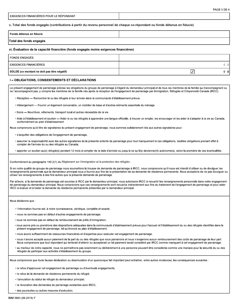Forme IMM5663 Engagement De Parrainage Et Plan Detablissement - Repondants Communautaires (RC) - Canada (French), Page 5