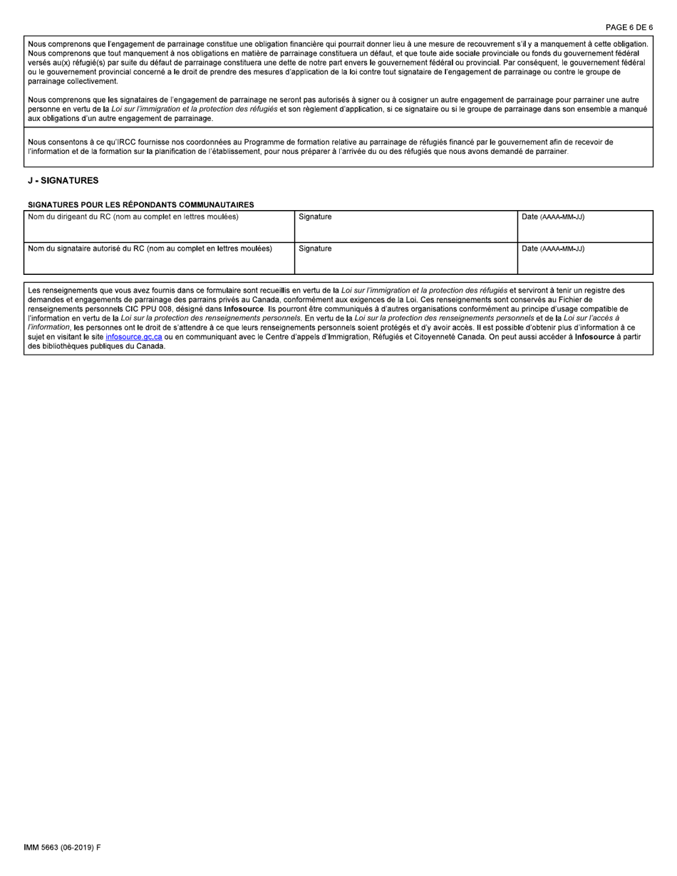 Forme IMM5663 Engagement De Parrainage Et Plan Detablissement - Repondants Communautaires (RC) - Canada (French), Page 6