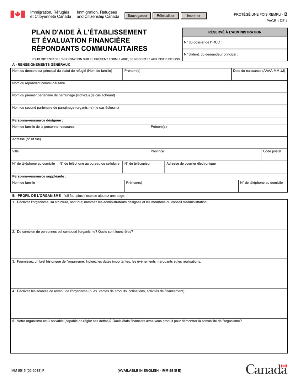 Forme IMM5515 Plan Daide a Letablissement Et Evaluation Financiere Repondants Communautaires - Canada (French), Page 1