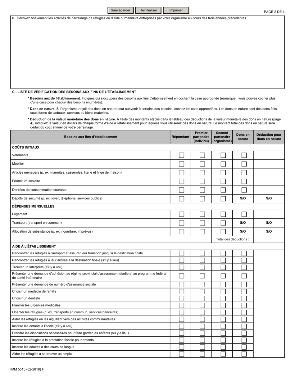 Forme IMM5515 Plan Daide a Letablissement Et Evaluation Financiere Repondants Communautaires - Canada (French), Page 2