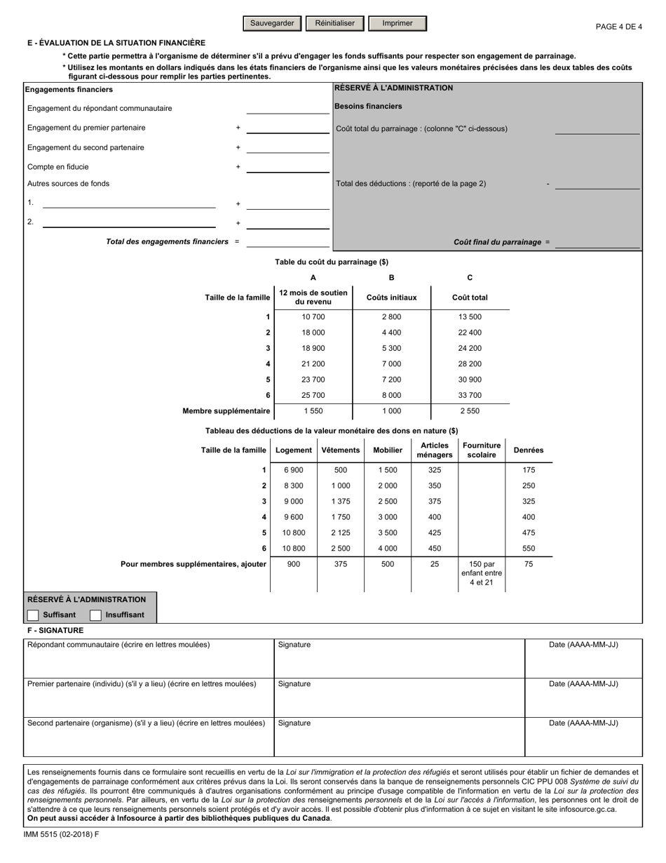 Forme IMM5515 Plan Daide a Letablissement Et Evaluation Financiere Repondants Communautaires - Canada (French), Page 4
