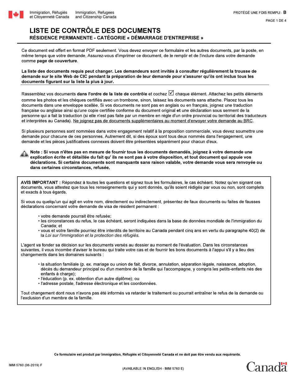 Forme IMM5760 Liste De Controle DES Documents - Residence Permanente - Categorie demaragge Dentreprise - Canada (French), Page 1