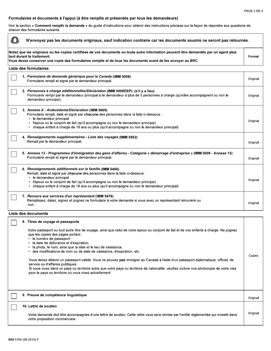 Forme IMM5760 Liste De Controle DES Documents - Residence Permanente - Categorie demaragge Dentreprise - Canada (French), Page 2