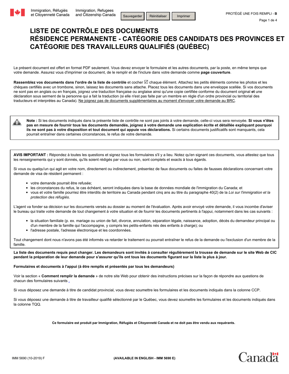 Forme IMM5690 Liste De Controle DES Documents Residence Permanente - Categorie DES Candidats DES Provinces Et Categorie DES Travailleurs Qualifies (Quebec) - Canada (French), Page 1