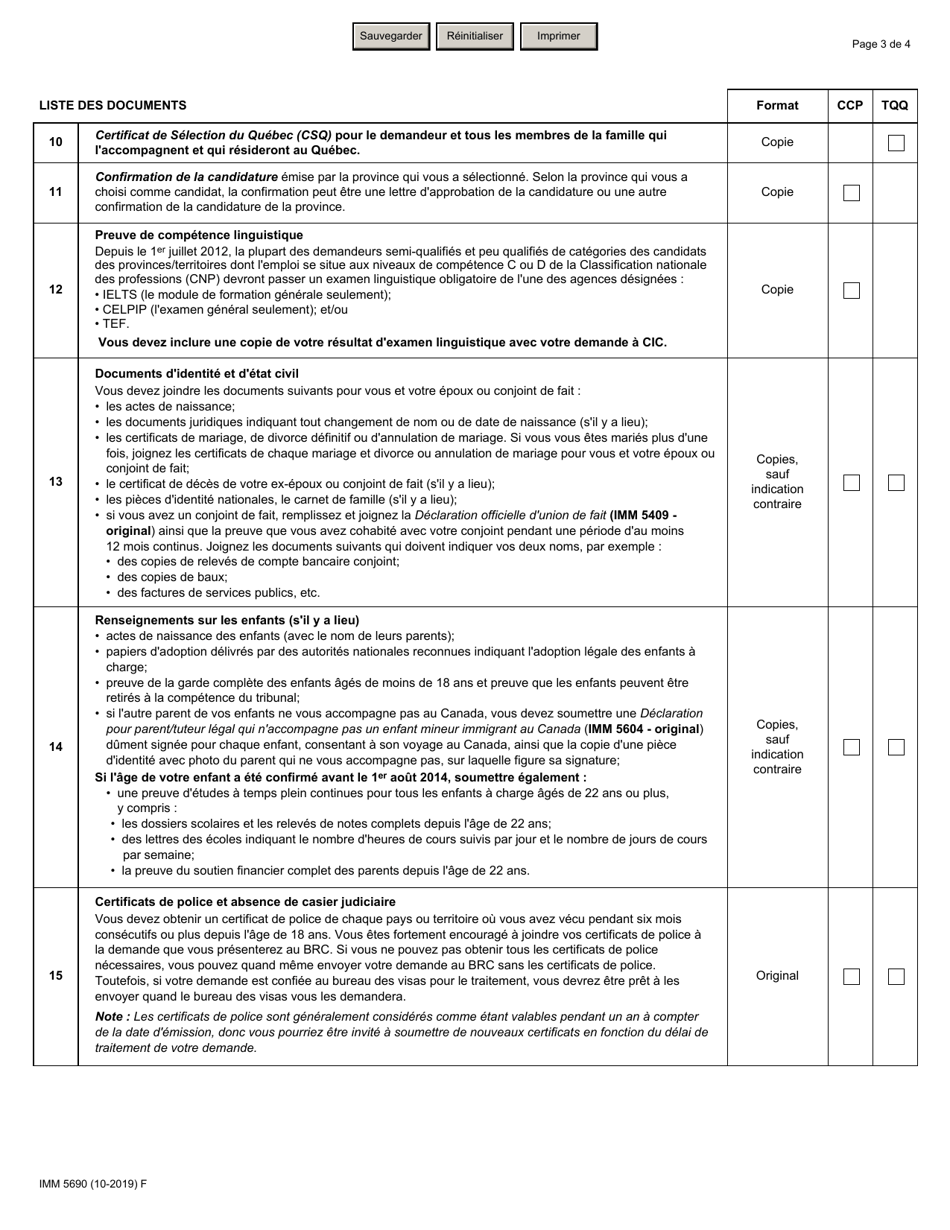 Forme IMM5690 Liste De Controle DES Documents Residence Permanente - Categorie DES Candidats DES Provinces Et Categorie DES Travailleurs Qualifies (Quebec) - Canada (French), Page 3