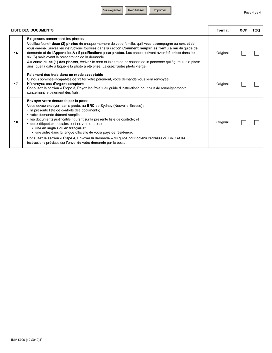 Forme IMM5690 Liste De Controle DES Documents Residence Permanente - Categorie DES Candidats DES Provinces Et Categorie DES Travailleurs Qualifies (Quebec) - Canada (French), Page 4