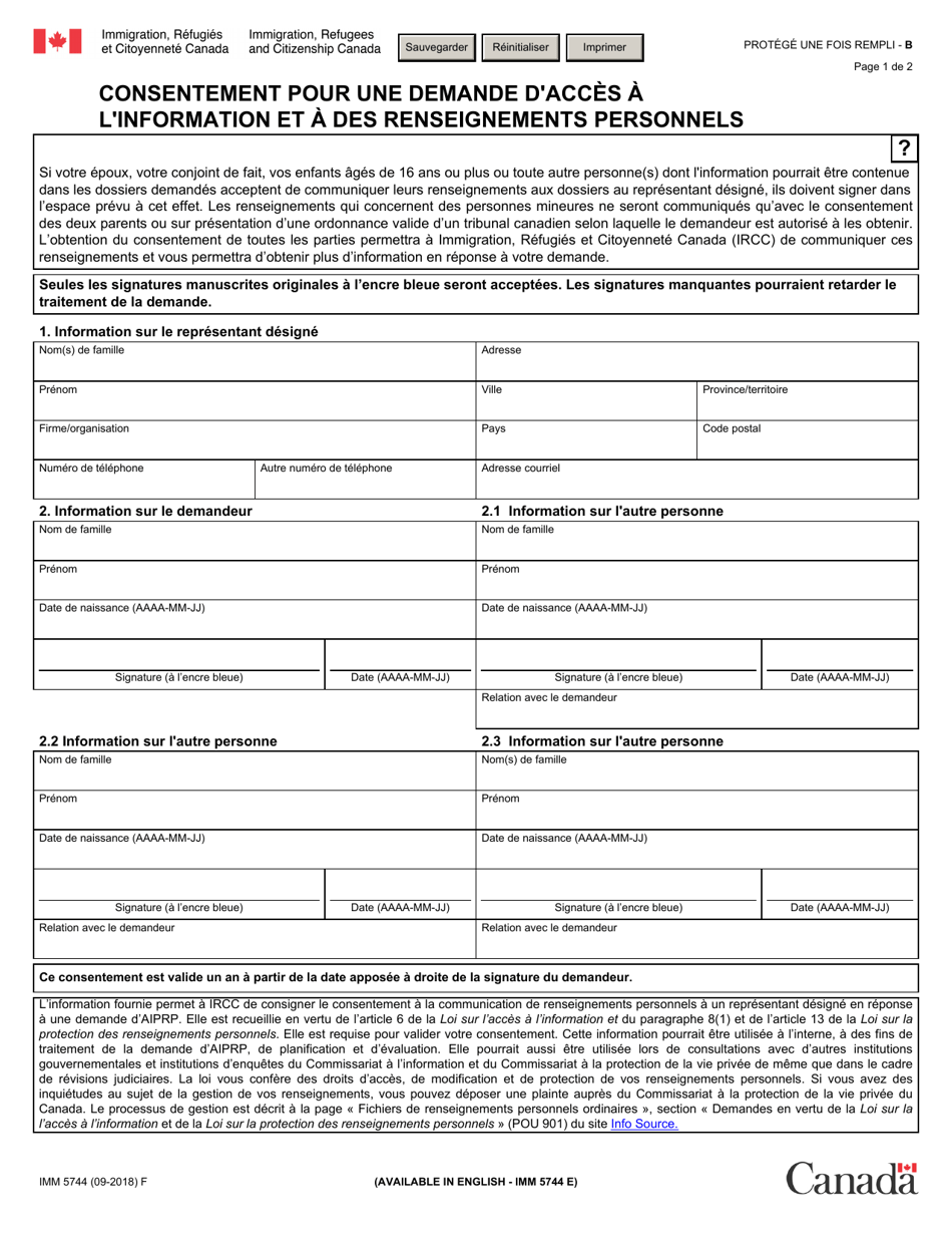 Forme IMM5744 Consentement Pour Une Demande Dacces a Linformation Et a DES Renseignements Personnels - Canada (French), Page 1