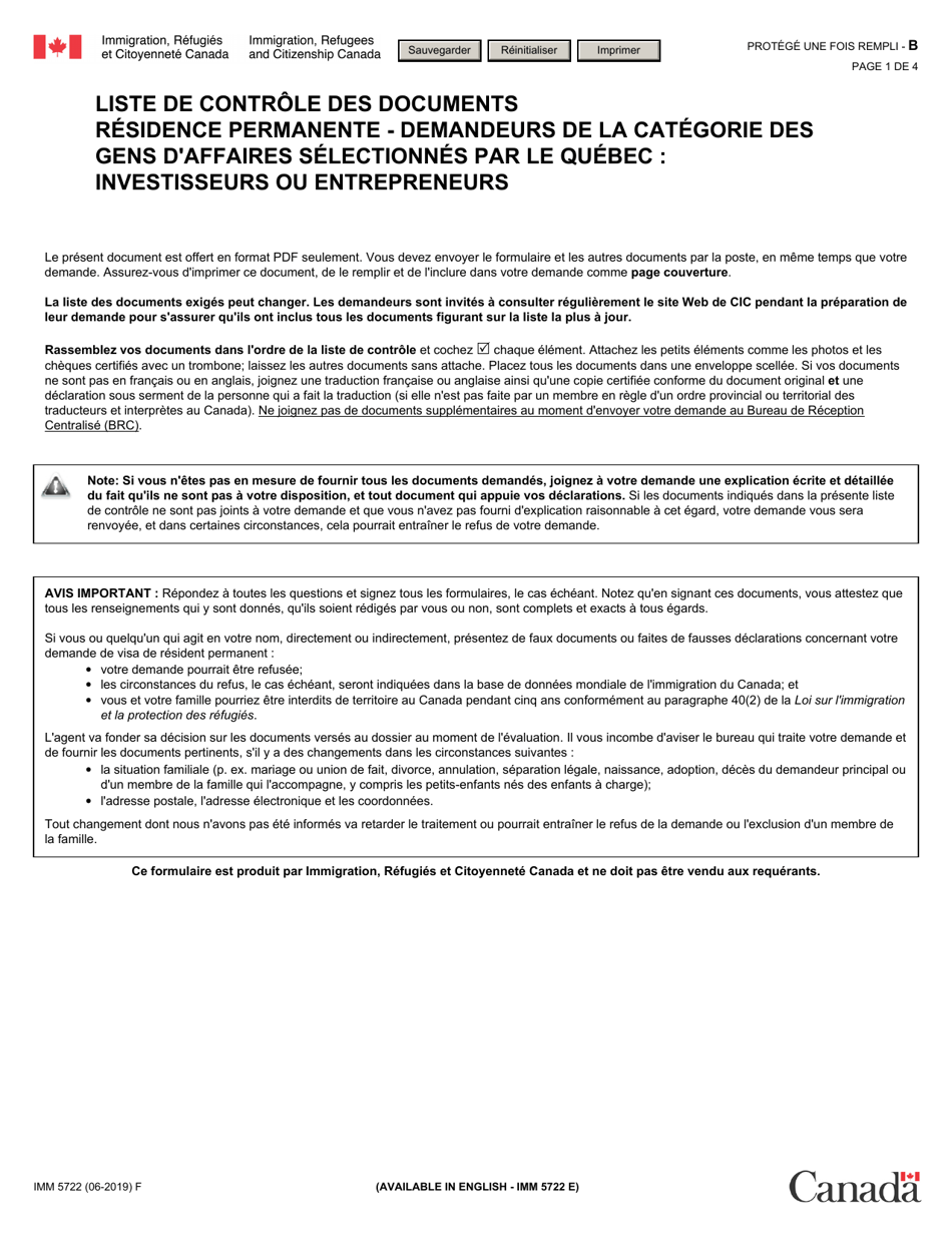 Forme IMM5722 Liste De Controle DES Documents Residence Permanente - Demandeurs De La Categorie DES Gens Daffaires Selectionnes Par Le Quebec: Investisseurs Ou Entrepreneurs - Canada (French), Page 1