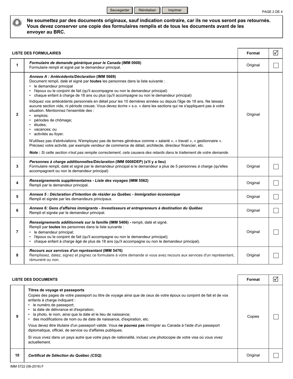 Forme IMM5722 Liste De Controle DES Documents Residence Permanente - Demandeurs De La Categorie DES Gens Daffaires Selectionnes Par Le Quebec: Investisseurs Ou Entrepreneurs - Canada (French), Page 2