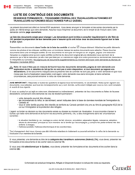 Document preview: Forme IMM5784 Liste De Controle DES Documents - Residence Permanente - Programme Federal DES Travailleurs Autonomes Et Travailleurs Autonomes Selectionnes Par Le Quebec - Canada (French)