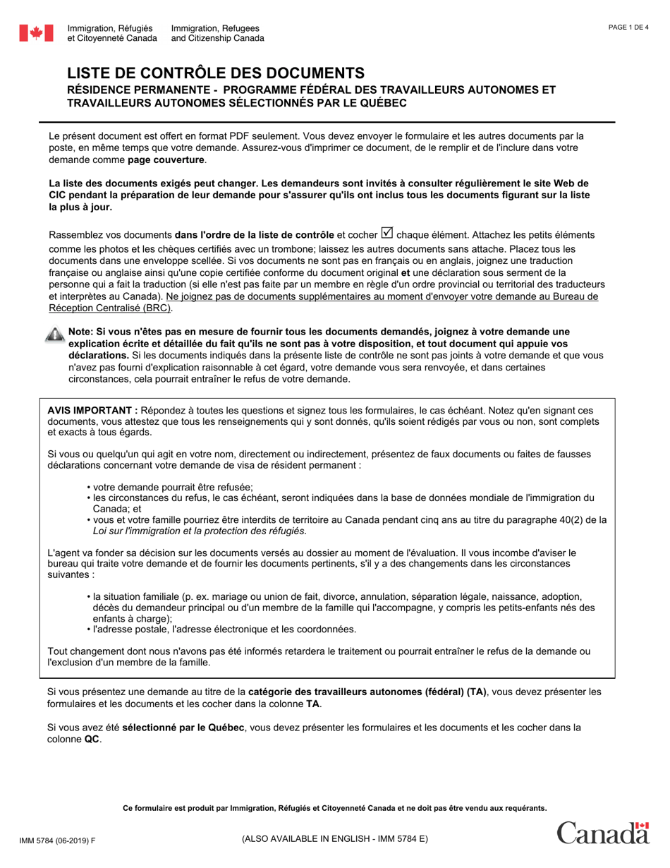 Forme IMM5784 Liste De Controle DES Documents - Residence Permanente - Programme Federal DES Travailleurs Autonomes Et Travailleurs Autonomes Selectionnes Par Le Quebec - Canada (French), Page 1