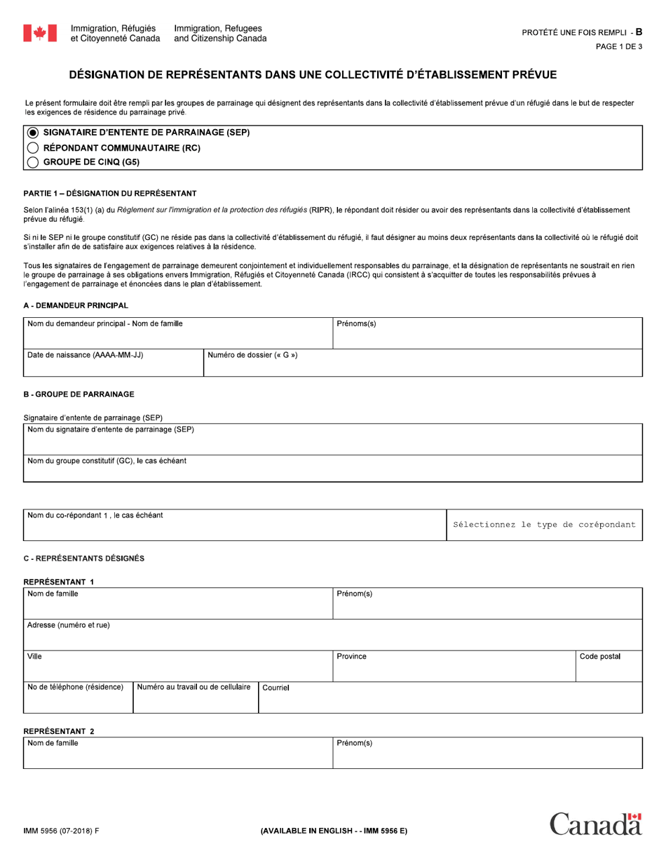 Forme IMM5956 Designation De Representants Dans Une Collectivite Detablissement Prevue - Canada (French), Page 1