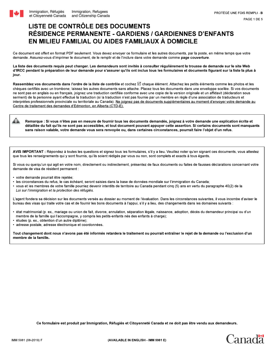 Forme IMM5981 List De Controle DES Documents Residence Permanente - Gardiens / Gardiennes Denfants En Milieu Familial Ou Aides Familiaux a Domicile - Canada (French), Page 1