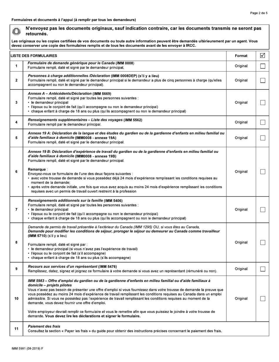 Forme IMM5981 List De Controle DES Documents Residence Permanente - Gardiens / Gardiennes Denfants En Milieu Familial Ou Aides Familiaux a Domicile - Canada (French), Page 2
