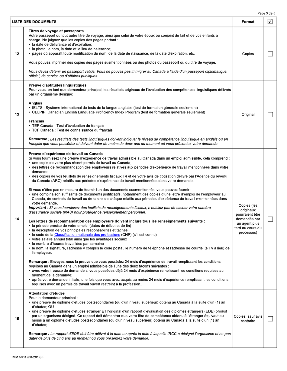 Forme IMM5981 List De Controle DES Documents Residence Permanente - Gardiens / Gardiennes Denfants En Milieu Familial Ou Aides Familiaux a Domicile - Canada (French), Page 3