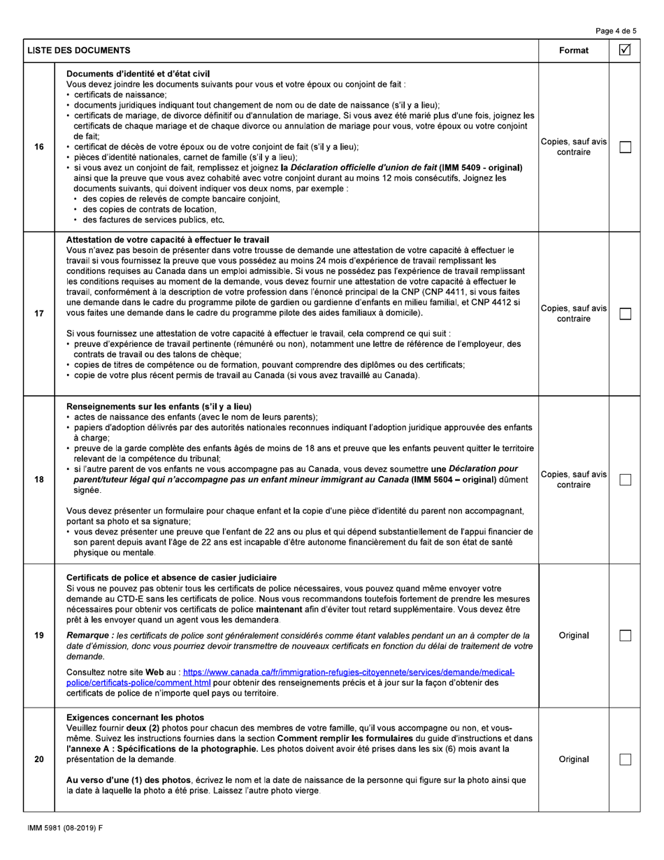 Forme IMM5981 List De Controle DES Documents Residence Permanente - Gardiens / Gardiennes Denfants En Milieu Familial Ou Aides Familiaux a Domicile - Canada (French), Page 4