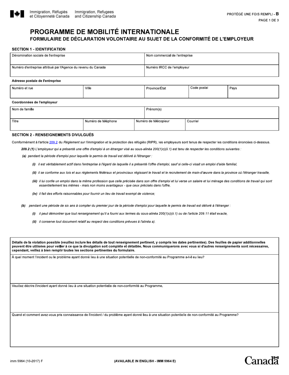 Forme IMM5964 Programme De Mobilite Internationale Formulaire De Declaration Volontaire Au Sujet De La Conformite De Lemployeur - Canada (French), Page 1