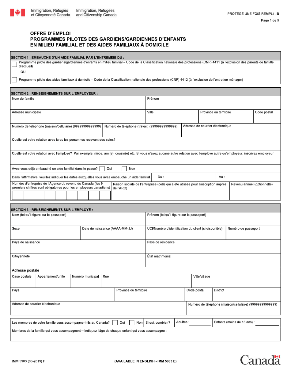 Forme IMM5983 Offre Demploi Programmes Pilotes DES Gardiens / Gardiennes Denfants En Milieu Familial Et DES Aides Familiaux a Domicile - Canada (French), Page 1