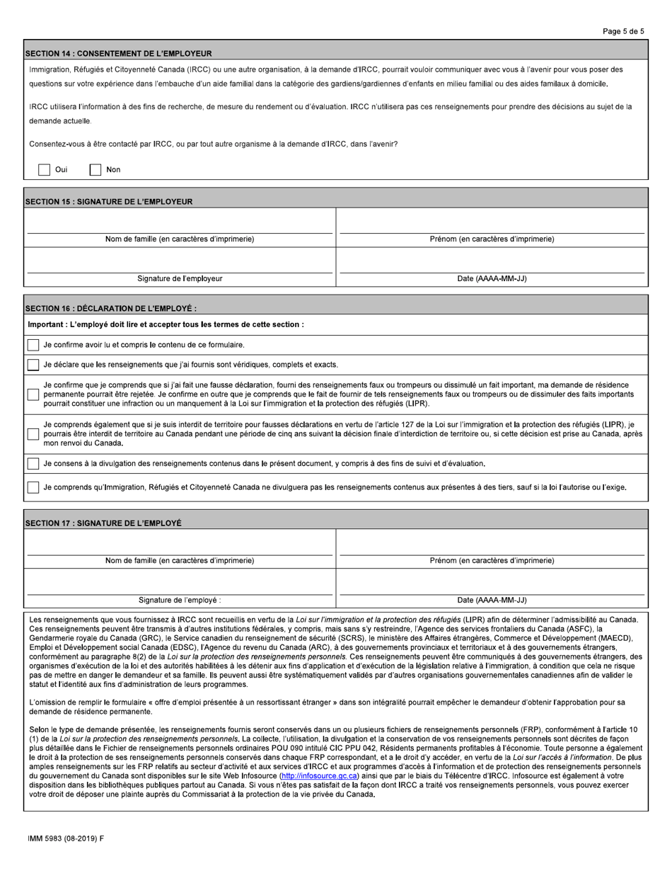 Forme IMM5983 Offre Demploi Programmes Pilotes DES Gardiens / Gardiennes Denfants En Milieu Familial Et DES Aides Familiaux a Domicile - Canada (French), Page 5