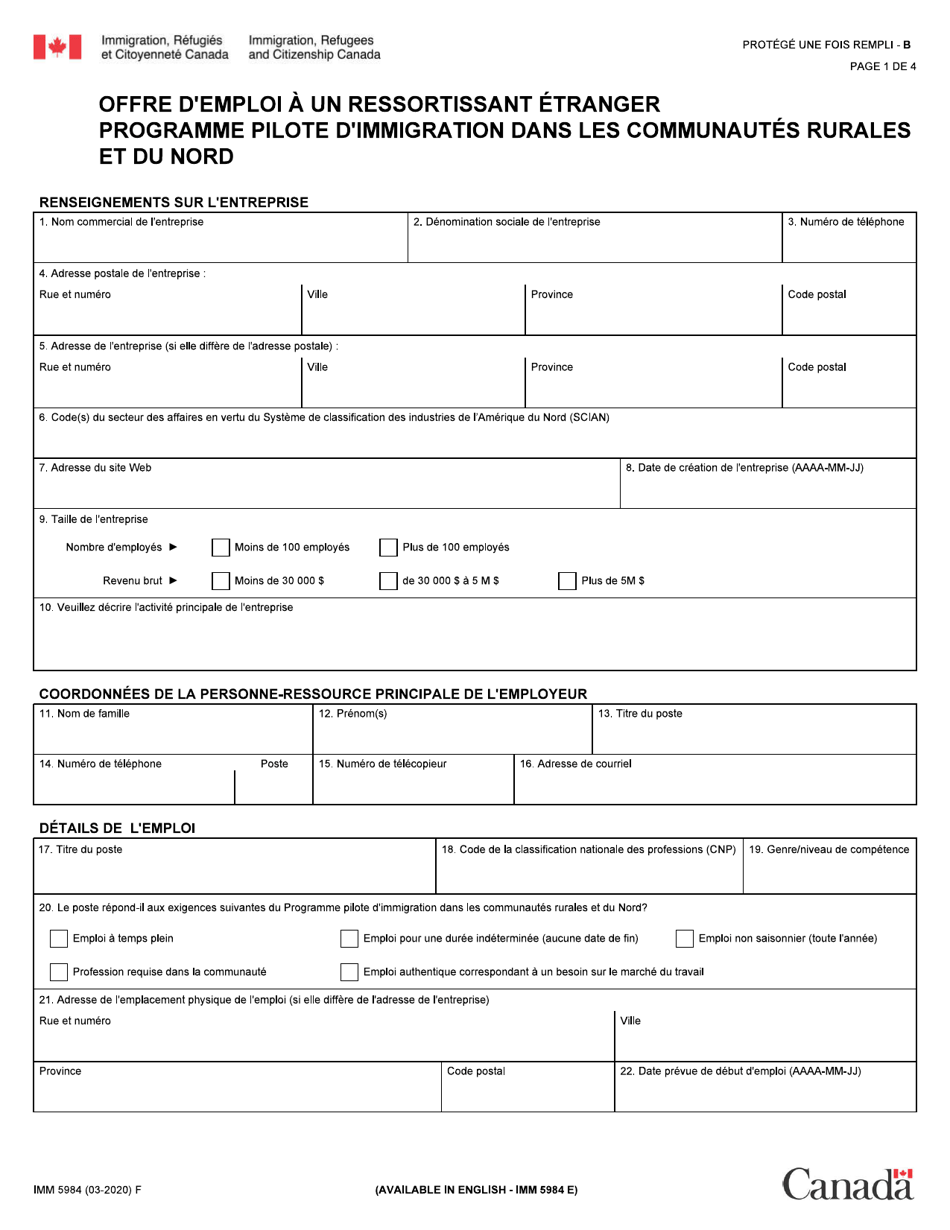 Forme IMM5984 Offre Demploi a Un Ressortissant Etranger Programme Pilote Dimmigration Dans Les Communautes Rurales Et Du Nord - Canada (French), Page 1