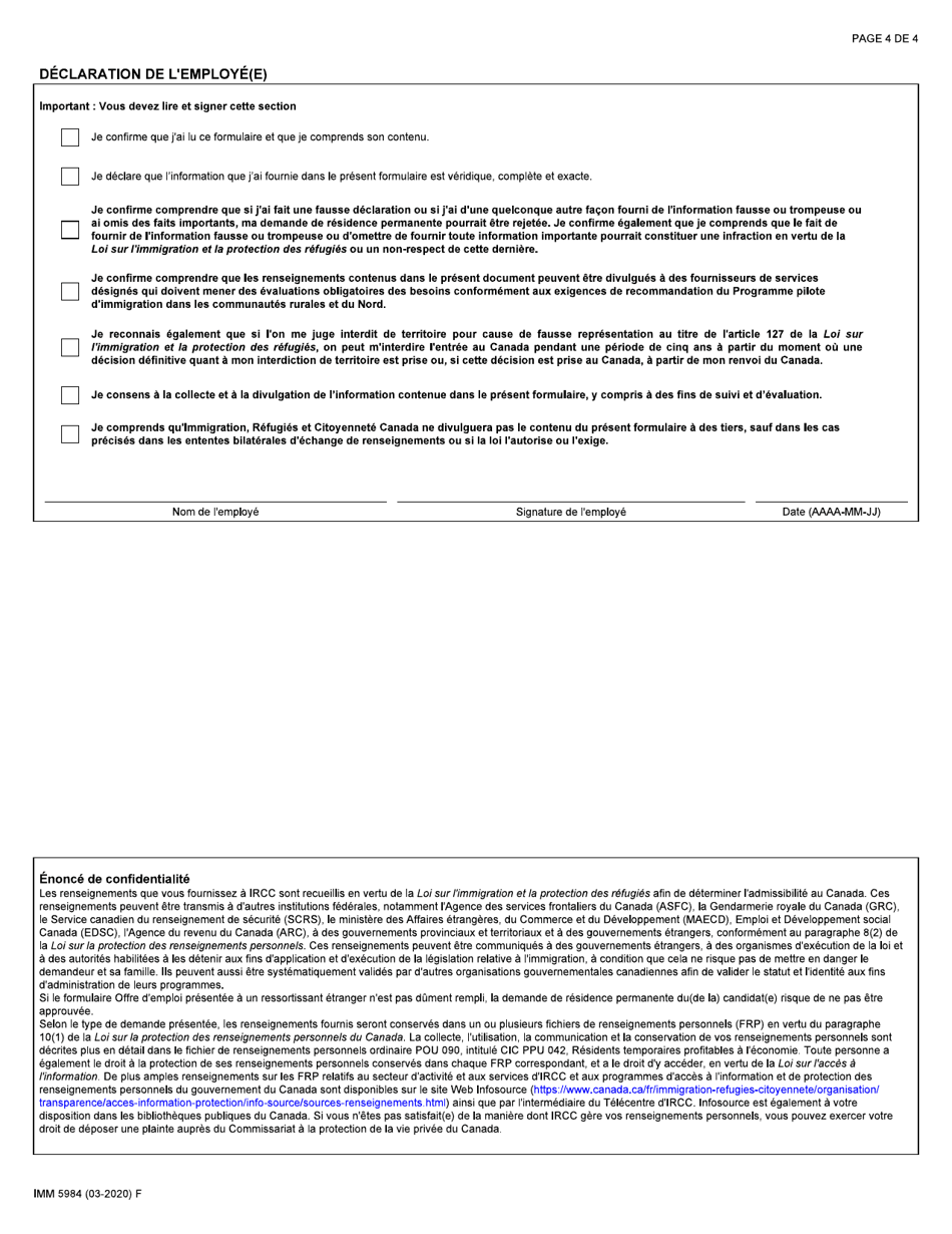 Forme IMM5984 Offre Demploi a Un Ressortissant Etranger Programme Pilote Dimmigration Dans Les Communautes Rurales Et Du Nord - Canada (French), Page 4