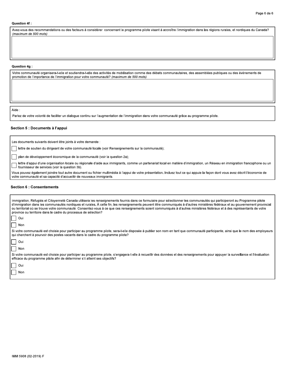Forme IMM5908 Programme Pilote Dimmigration Dans Les Communautes Nordiques Et Rurales - Formulaire Sur Linteret De La Communaute - Canada (French), Page 6