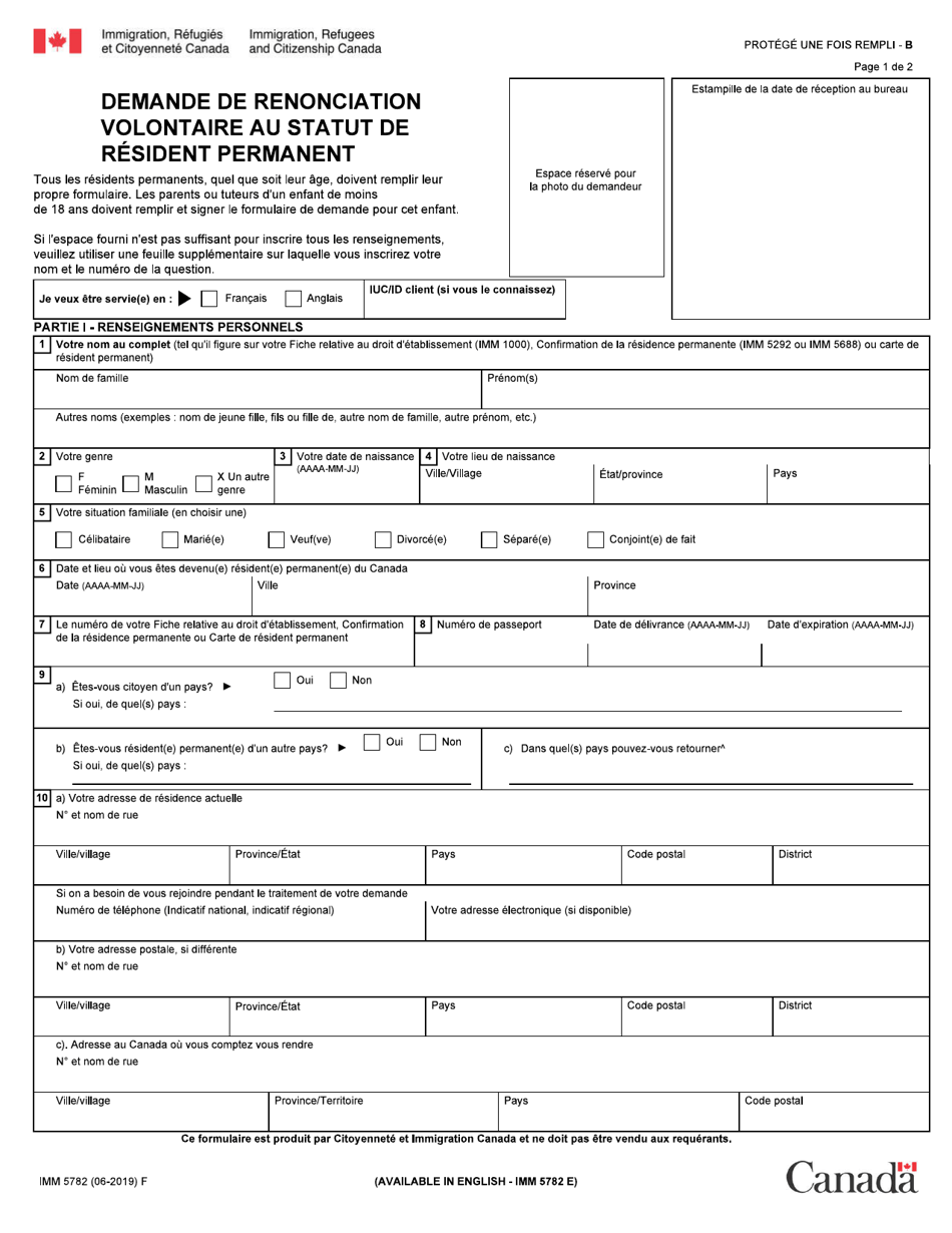 Forme IMM5782 Demande De Renonciation Volontaire Au Statut De Resident Permanent - Canada (French), Page 1