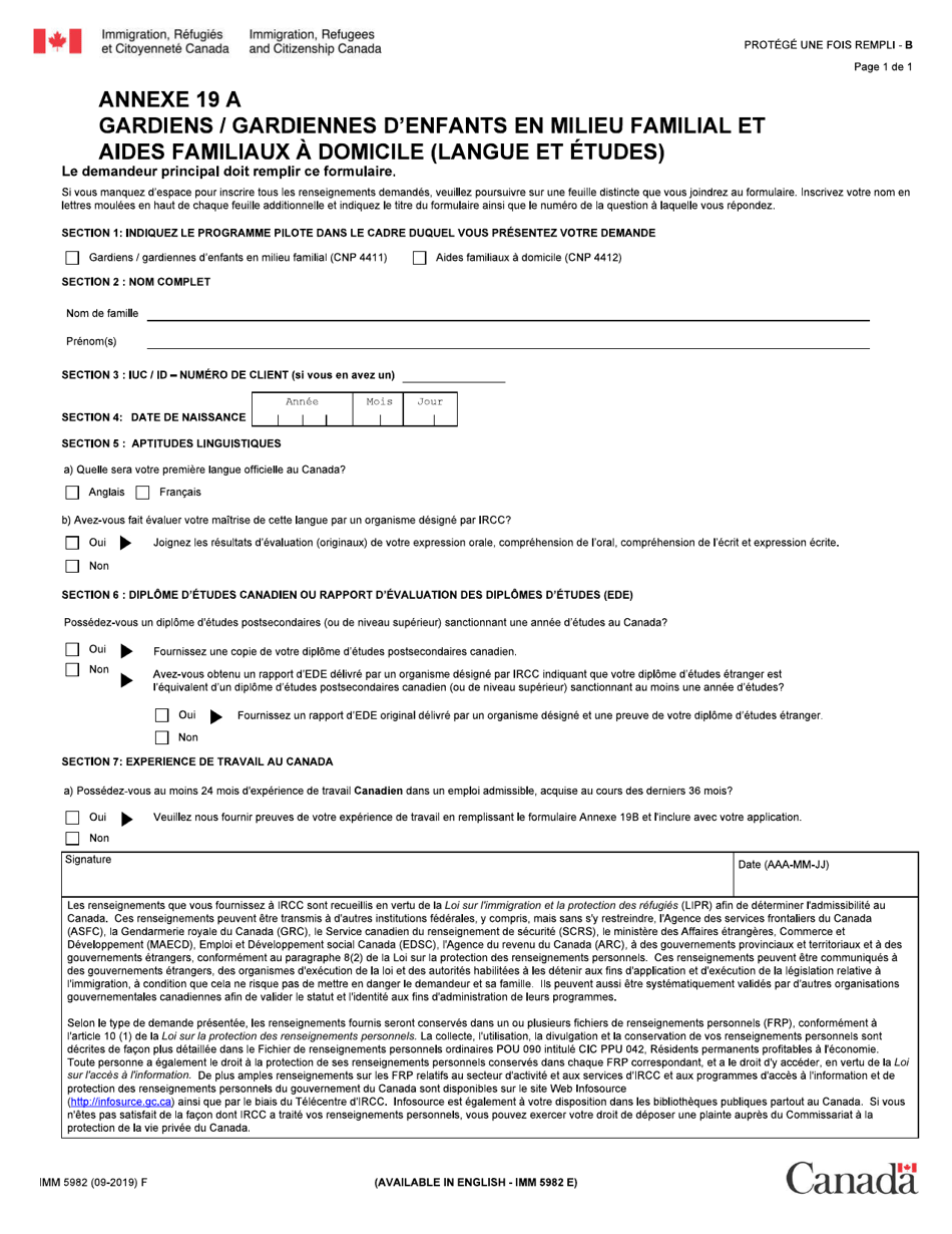Forme IMM5982 Agenda 19A Gardiens / Gardiennes Denfants En Milieu Familial Et Aides Familiaux a Domicile (Langue Et Etudes) - Canada (French), Page 1