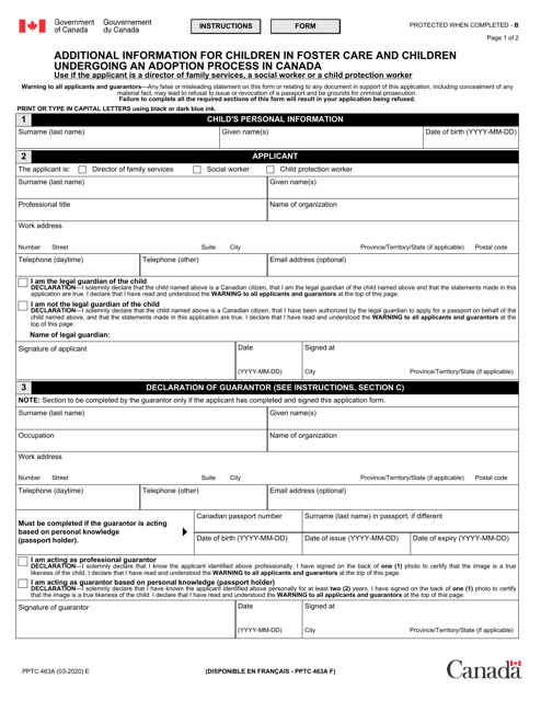 Form PPTC463A Additional Information for Children in Foster Care and Children Undergoing an Adoption Process in Canada - Canada
