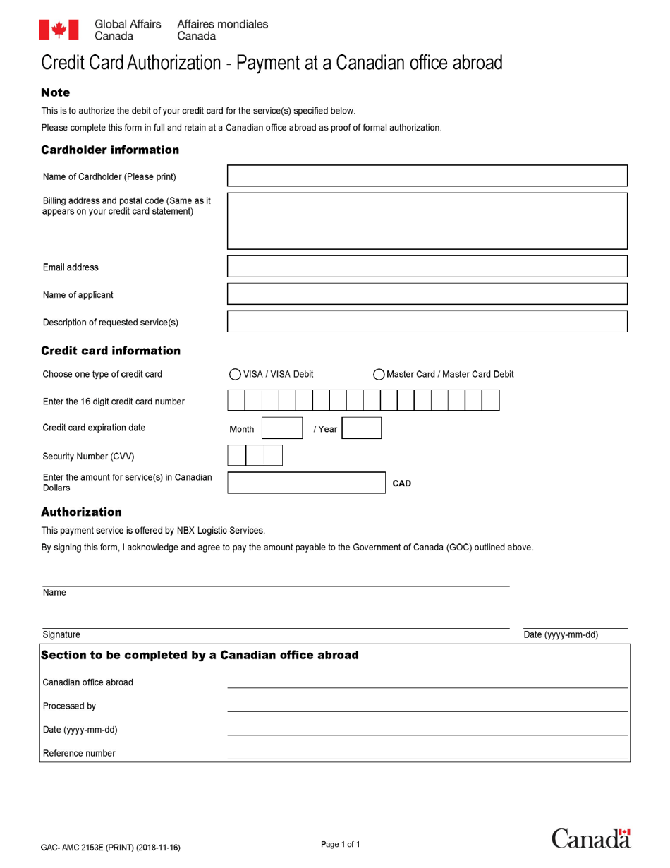 Form GAC-AMC2153 Credit Card Authorization - Payment at a Canadian Office Abroad - Canada (English / French), Page 1