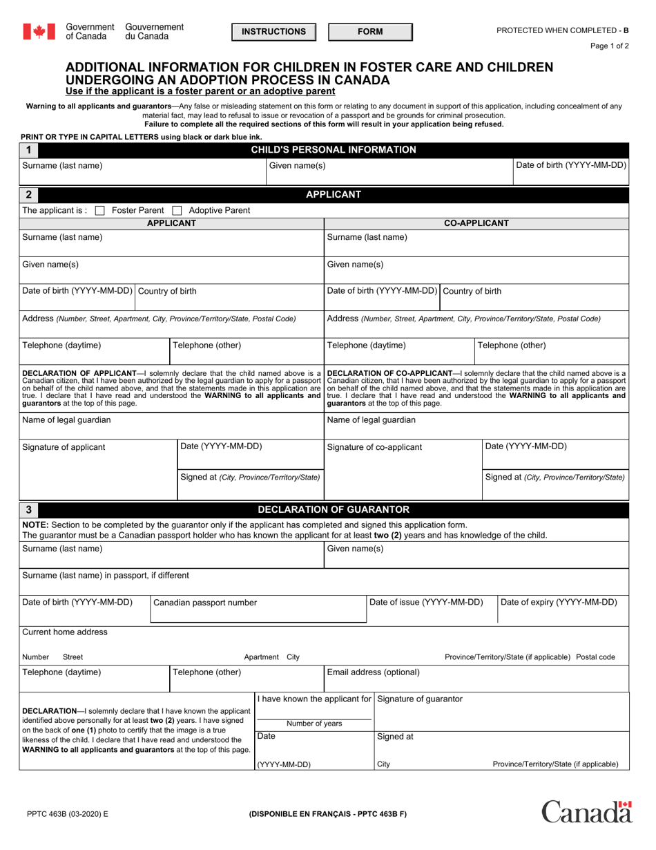 Form PPTC463B Additional Information for Children in Foster Care and Children Undergoing an Adoption Process in Canada - Canada, Page 1