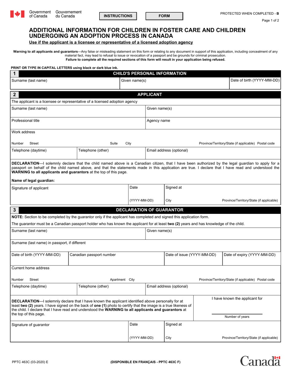 Form PPTC463C Additional Information for Children in Foster Care and Children Undergoing an Adoption Process in Canada - Canada, Page 1