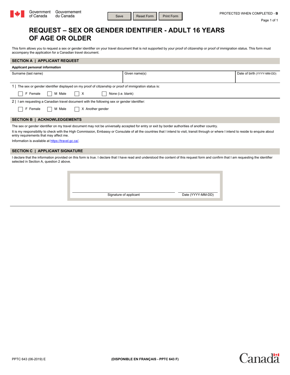Form PPTC643 Request - Sex or Gender Identifier - Adult 16 Years or Older - Canada, Page 1