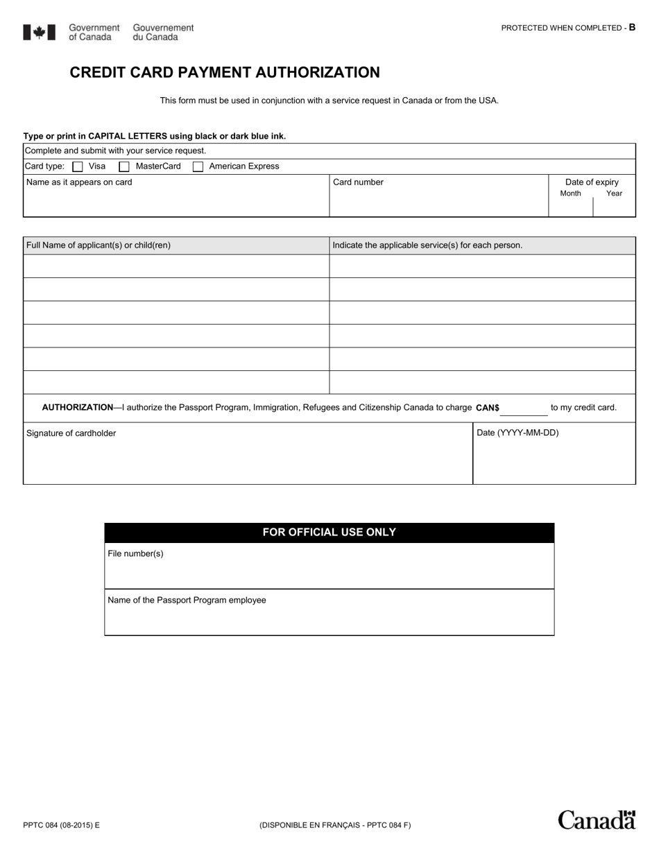 Form PPTC084 Credit Card Payment Authorization (Inside Canada and the US) - Canada, Page 1