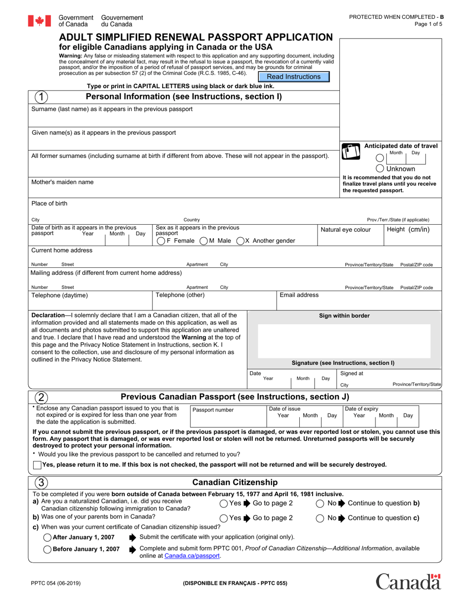 Form PPTC054 Adult Simplified Renewal Passport Application for Eligible Canadians Applying in Canada or the Usa - Canada, Page 1
