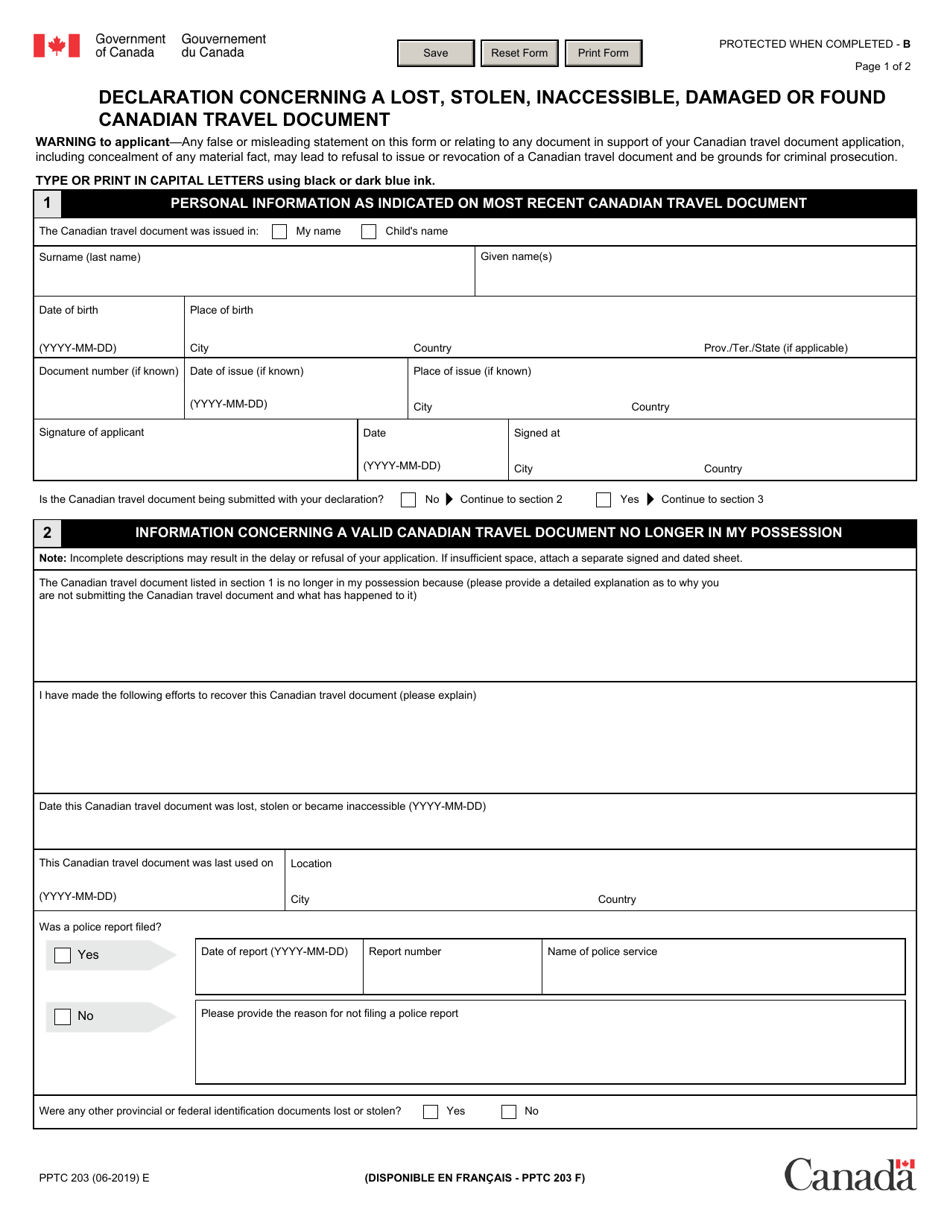 Form PPTC203 Declaration Concerning a Lost, Stolen, Inaccessible, Damaged or Found Canadian Travel Document - Canada, Page 1